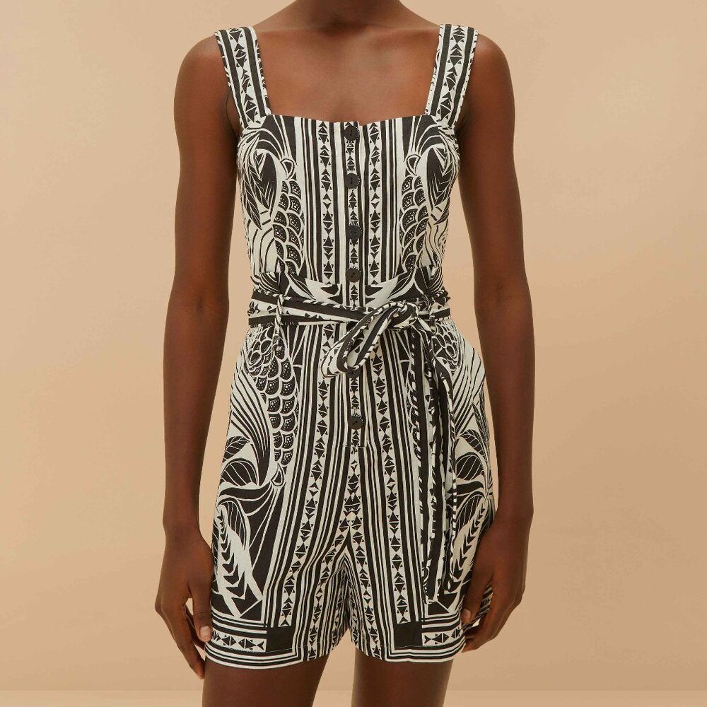 NEW FARM Rio Off-White Monochrome Elegance Scarf Romper Black White Size XL